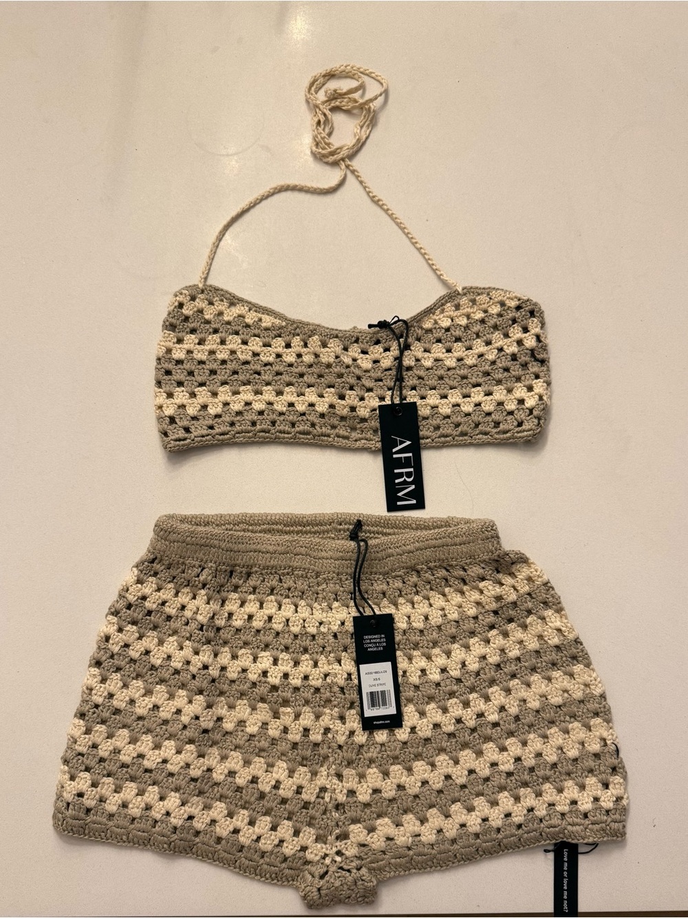 AFRM Crochet Bandeau Top & Shorts Set in Beige and Cream
